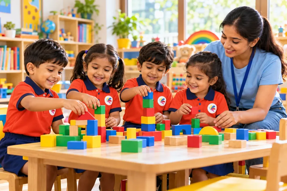 Illustrative Learning Wings classroom with children in orange uniforms